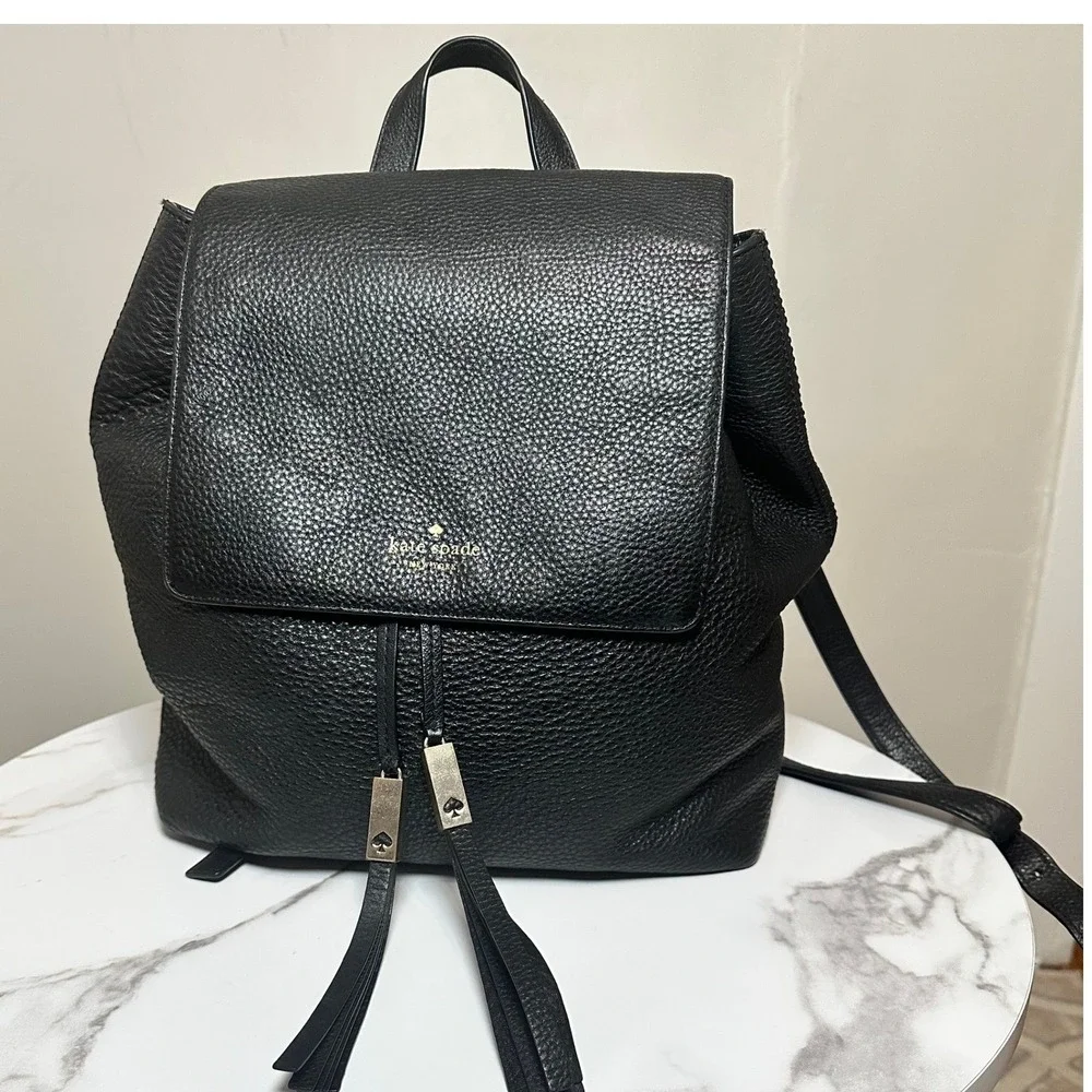 Kate Spade New‎ York Black Pebbled Leather Flap Drawstring Backpack